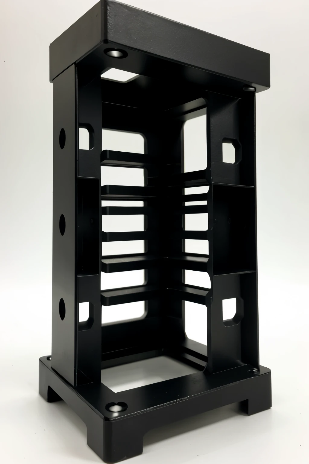 Design a 3D stand that can accommodate two heat sinks. The first heatsink has dimensions of 7,6 cm long by 6,7cm wide, y el segundo disipador mide 6 cm de largo por 7cm wide. The bracket must be robust and ensure that both heatsinks are firmly attached for installation in a cooling system. Also consider thermal efficiency and compatibility with other nearby components in the structure.. Make sure the design is functional and easy to manufacture using 3D printing or conventional machining technologies.