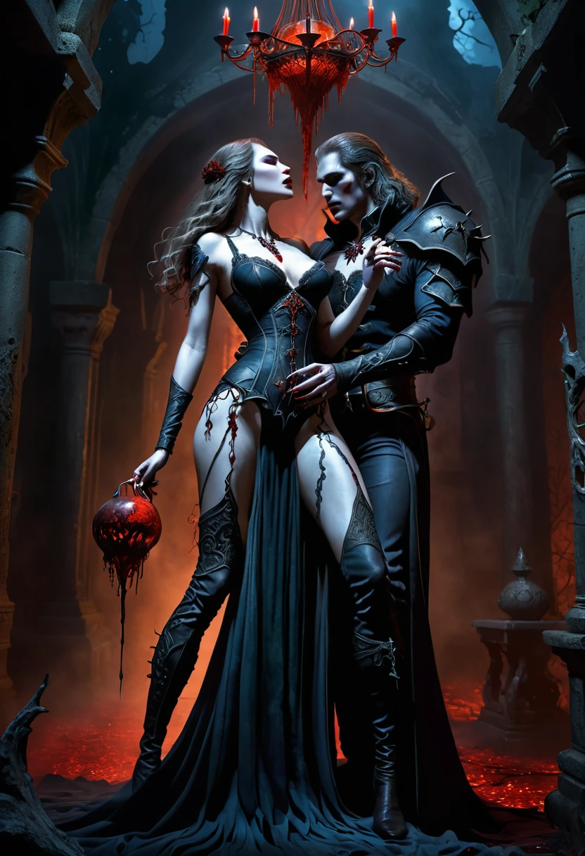 dark fantasy, dramatic lighting, full body shot, wide angle,dynamic angle, deep shadows, a female vampire and her thrall, extremely detailed skin, perfect wavy hair, (A female vampire and her thrall, she is using her paranormal powers to shift blood in the atmosphere, making the blood translocate around the environment), (the female vampire is trying to reach her thrall's neck with her hand, making a paranormal blood transfusion between them, shifting blood from the thrall to the vampire), hemokinesis, (there are lots of blood strings floating around the environment), she is wearing a very intricate biological exoskeleton, (the female vampire's lower body is vanishing, becoming black mist), the scene unfolds in a dungeon dimly illuminated by a red glow, red energy lines, pale blue and earthen hues, mystical energy, moody atmosphere, cinematic composition, Yoshitaka Amano style