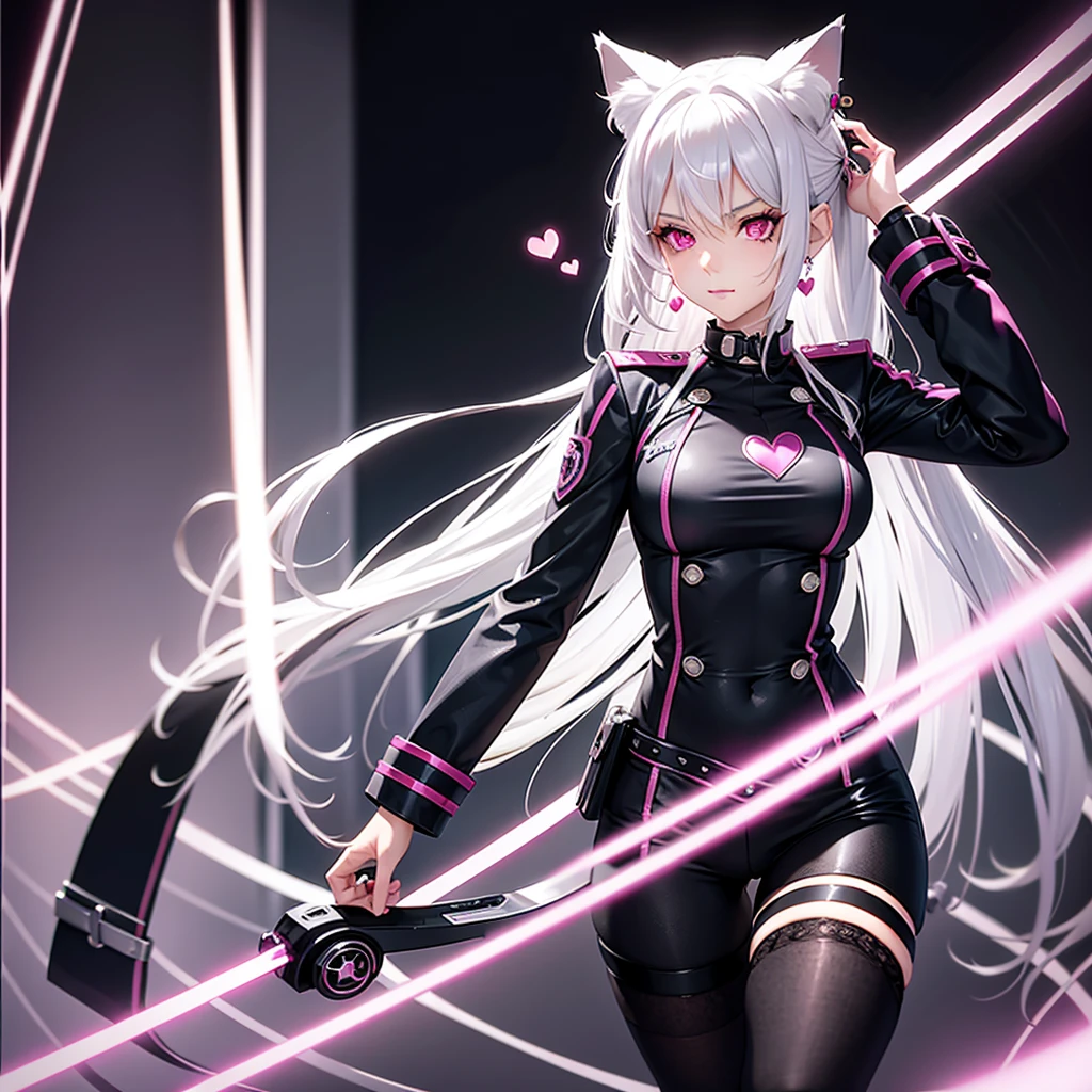 Silver hair, pink eyes, body, cat ears, sexy girl, earrings, heart background, uniform