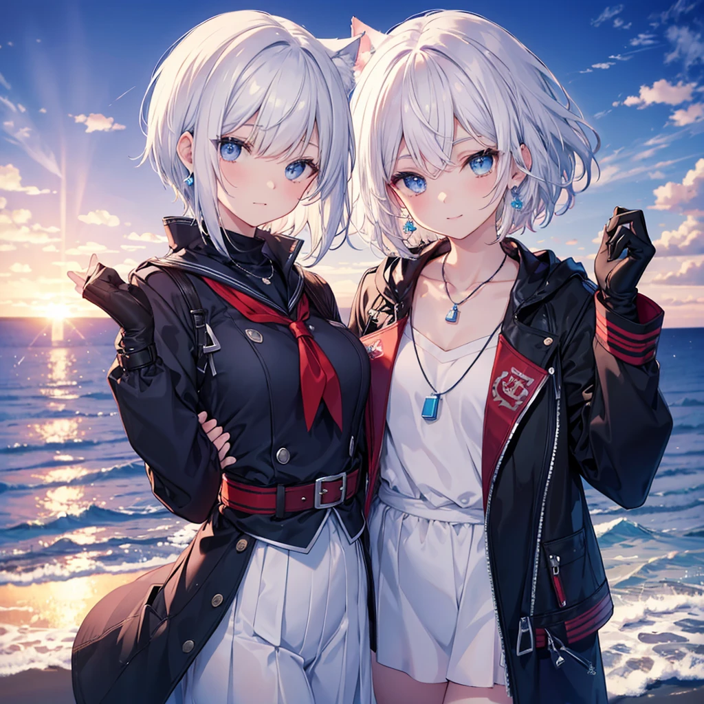White Hair　blue eyes　short hair　Have　student　Cat ear　nice　Blue Earrings　necklace　gloves　beauty　thin　Sailor suit　Put on a black coat　Fantasy　smile　coastal　sunset　Fluffy hair