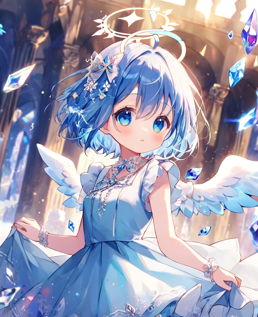 cute , Dress up in fantasy, Delicate decoration、short hair, Blue Hair, 4k resolution, 最high quality, In public, masterpiece, Crystal Blue Eyes, Broken Angel Halo, high quality, 