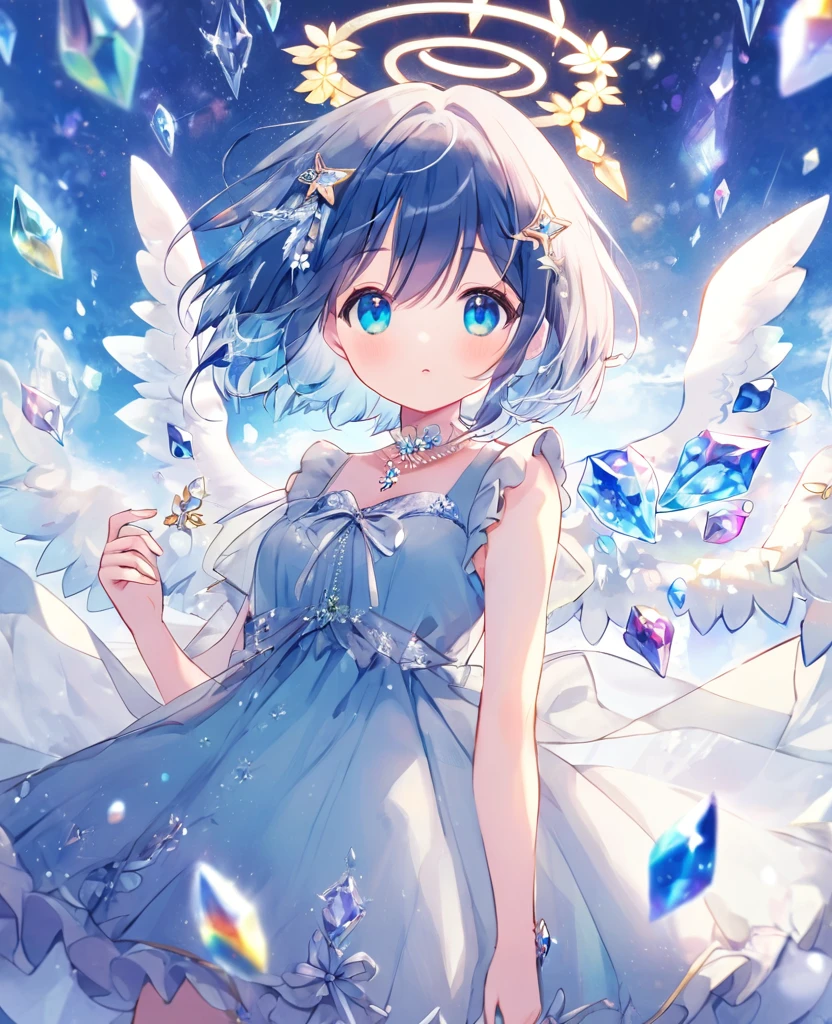 cute , Dress up in fantasy, Delicate decoration、short hair, Blue Hair, 4k resolution, 最high quality, In public, masterpiece, Crystal Blue Eyes, Broken Angel Halo, high quality,