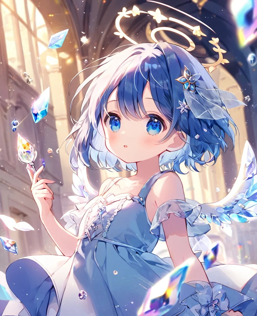 cute , Dress up in fantasy, Delicate decoration、short hair, Blue Hair, 4k resolution, 最high quality, In public, masterpiece, Crystal Blue Eyes, Broken Angel Halo, high quality,