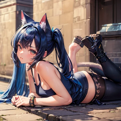 (masterpiece, Highest quality, Super detailed: 1.6), figure, (single, 1 Girl, Beautiful attention to detail: 1.2), city, street, cute, Different world. Dark blue hair girl, Cat ears and tail, Wearing a tank top and racing pants. body type Twin tails Female genitalia is visible Detailed depiction of female genitalia Flat Chest Stern expression With legs apart