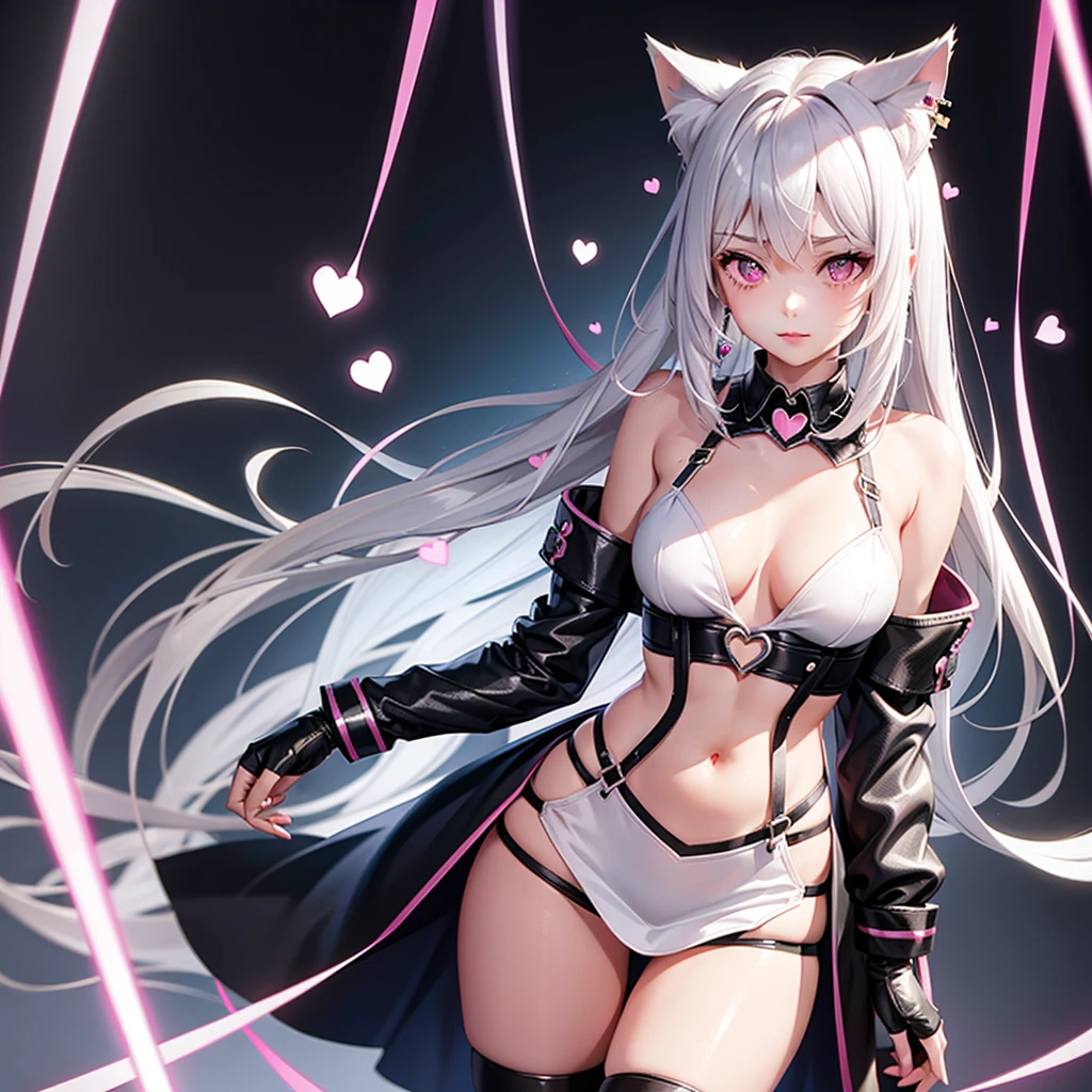 Silver hair, pink eyes, body, cat ears, sexy girl, earrings, heart fantasy, uniform