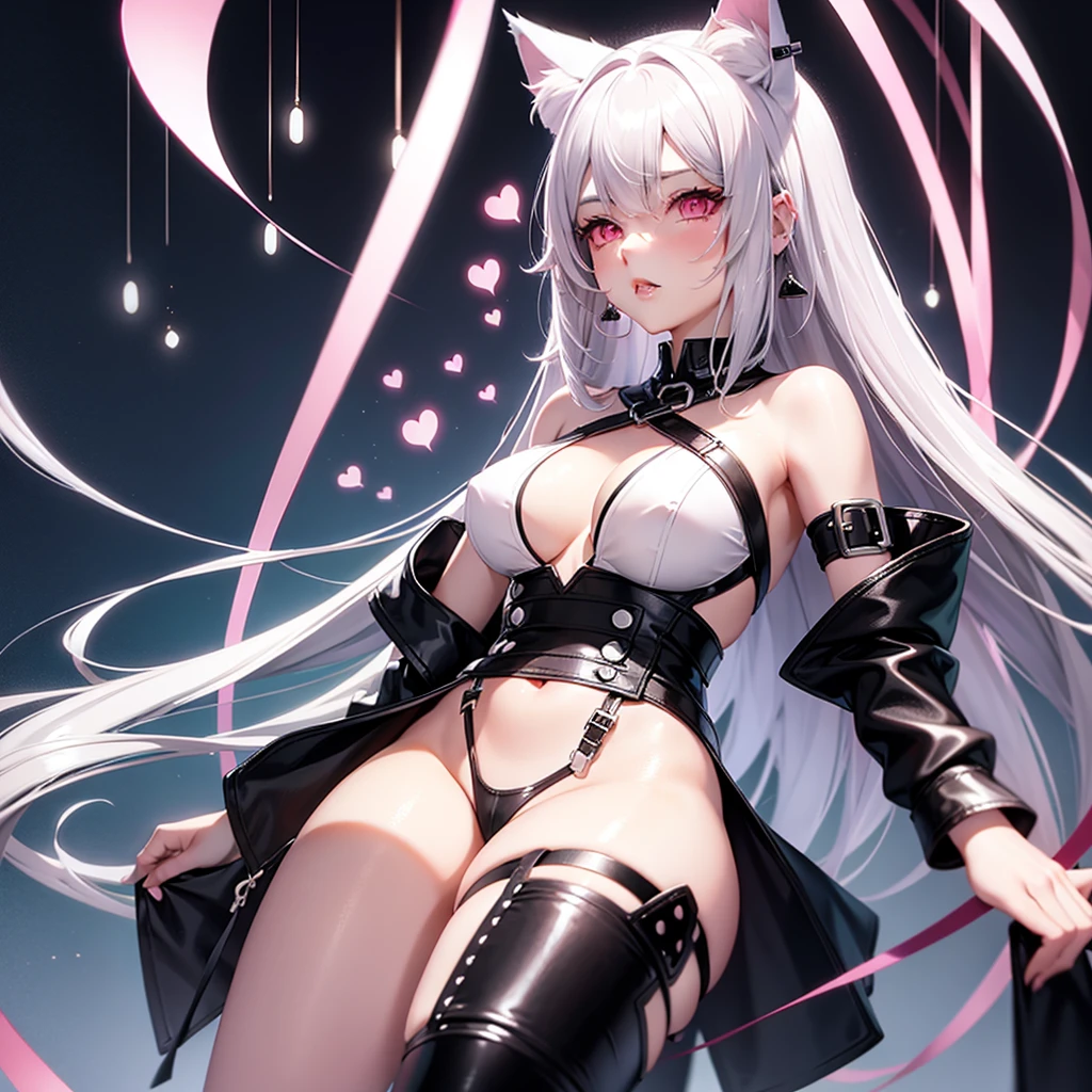 Silver hair, pink eyes, body, cat ears, sexy girl, earrings, heart fantasy, uniform 