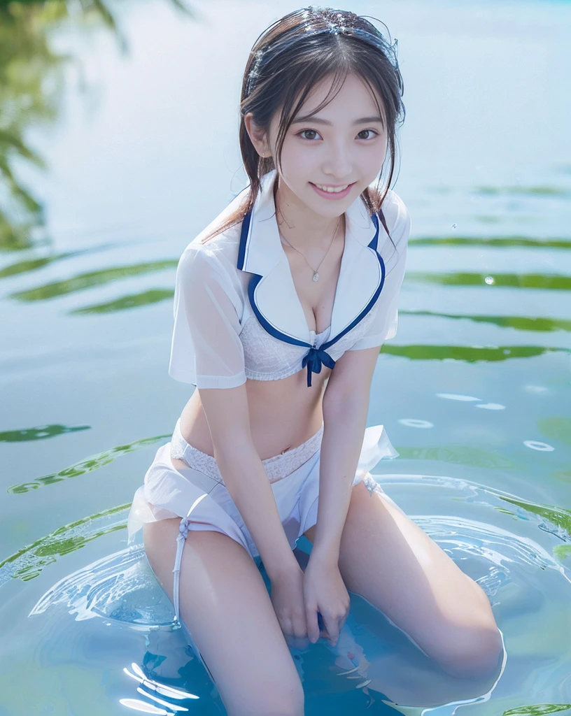 (NFSW)、(High resolution:1.5)、Highest quality,Very detailed,masterpiece,Super detailed,alone,(One 12 year old girl),((Summer School Uniforms:1.5)), Seraphim, ((skirt:1.5)), smile, Thigh fetish images: 1.5、(((barefoot)))、(Her thighs and white bikini reflected in the clear blue water)、(reflected in water:1.5)、((I can see her white panties:1.5))、(Cleavage)、((Clear blue seawater))、Summer sun、はしゃいだsmile、Beautiful Eyes、(pull-out-panties)、(Panties on knees)、Big necklace and tiara、The water is marine blue、(((Glossy thighs)))