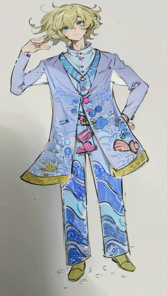 Handsome　cute boy　suit　Pink button shell　A jacket with a design inspired by the ocean floor　Seashell Belt　marine motif　Curly hair　　short hair　Wave-inspired trousers　whole body　Fantasy　8 heads