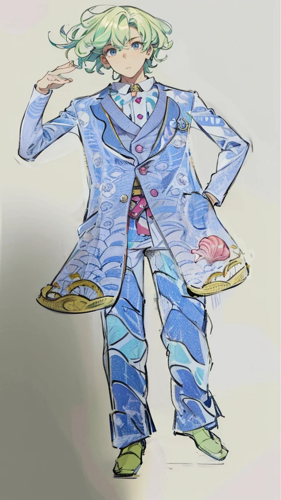 Handsome cute boy suit Pink button shell A jacket with a design inspired by the ocean floor Seashell Belt marine motif Curly hair short hair Wave-inspired trousers whole body Fantasy 8 heads