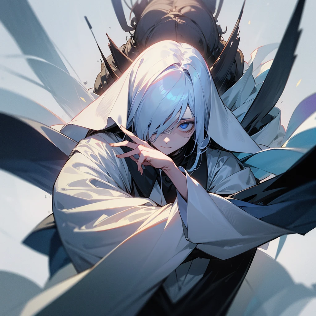 Envision an extremely disturbing and sinister character for a horror anime. He is seen wearing a crisp white suit, but her hair is a ragged, tangled mass that partially covers her face, hiding your eyes. Your mouth is sewn up with thick dark threads, leaving only small openings to breathe. His eyes are covered by a stained white blindfold, that does not reveal any expression or emotion.This character exudes a menacing and otherworldly presence.. His physical appearance contrasts sharply with the elegance of his white suit., creating an aura of terror and mystery around you. Explore his dark origins and the circumstances that led to his current condition. How he interacts with the other characters? What are your goals and motivations, and how this influences the plot of the horror anime?