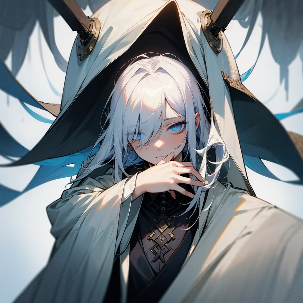 Envision an extremely disturbing and sinister character for a horror anime. He is seen wearing a crisp white suit, but her hair is a ragged, tangled mass that partially covers her face, hiding your eyes. Your mouth is sewn up with thick dark threads, leaving only small openings to breathe. His eyes are covered by a stained white blindfold, that does not reveal any expression or emotion.This character exudes a menacing and otherworldly presence.. His physical appearance contrasts sharply with the elegance of his white suit., creating an aura of terror and mystery around you. Explore his dark origins and the circumstances that led to his current condition. How he interacts with the other characters? What are your goals and motivations, and how this influences the plot of the horror anime?