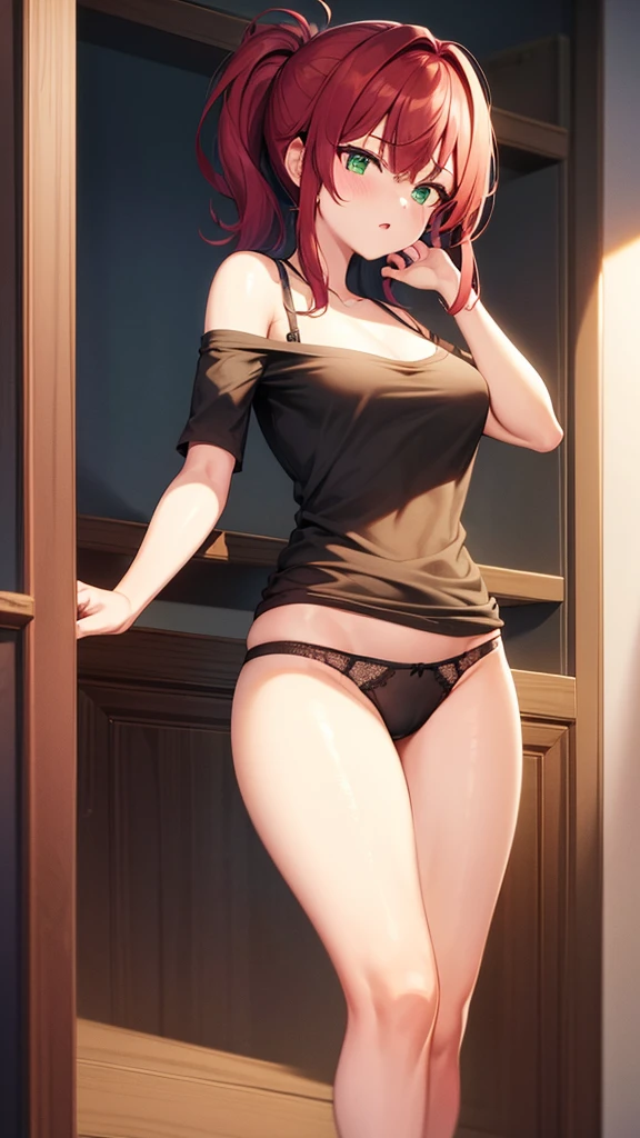 1girl, underwear, tight shirt, lingerie, big chest, green eyes, long torso, red hair, ponytail, shiny skin, reaching at the top of a cupboard