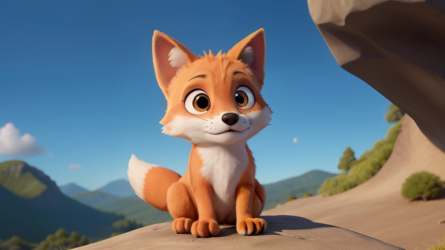 Create an image of a little fox with bright orange fur and curious eyes, climbing a big blue mountain.