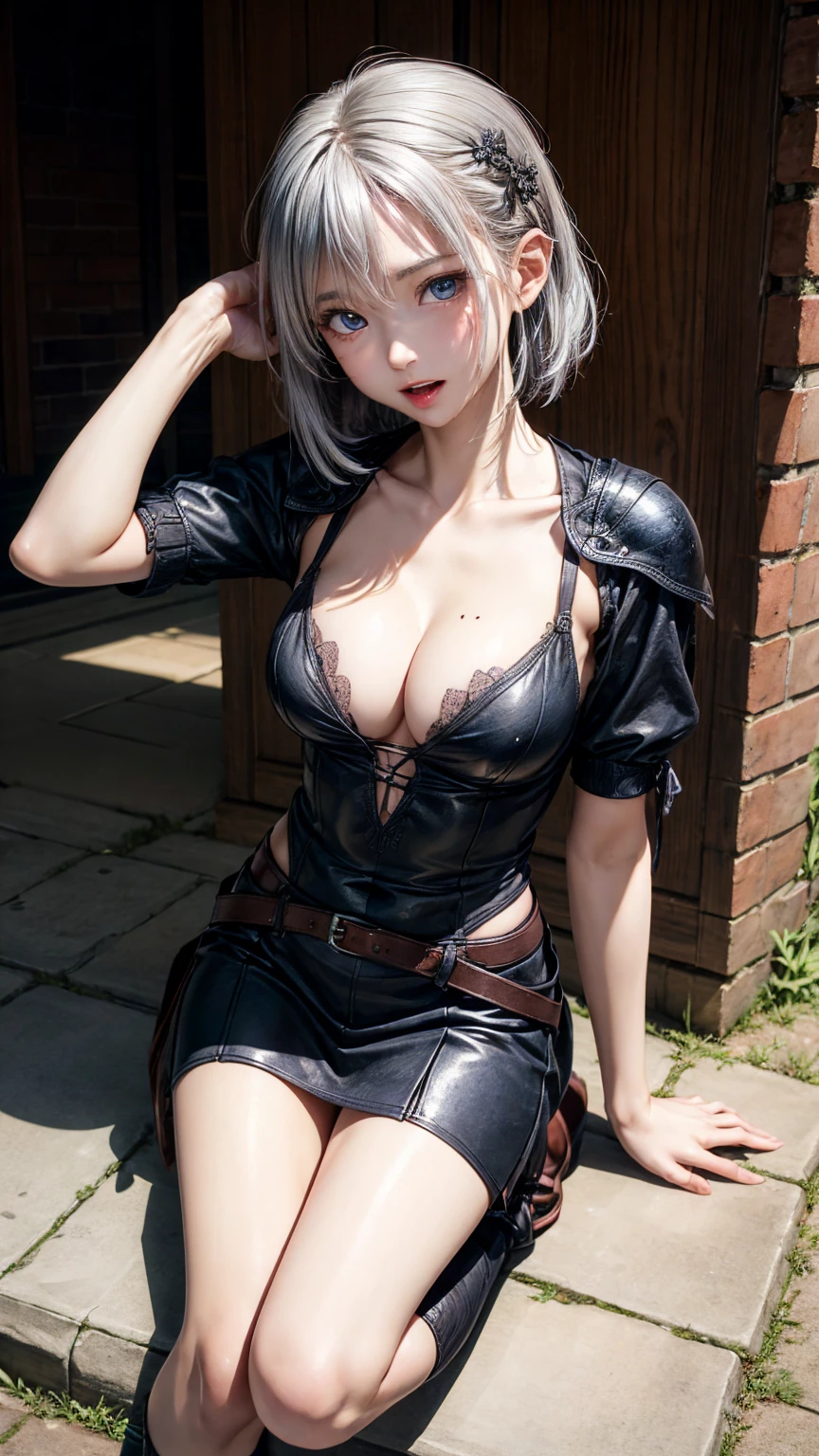 8K quality、High resolution、Female Knight、Realistic skin texture、、High resolutionの肌、Silver Hair、Unkempt shorthair、thin、Small and young breasts、Open the mouth to reveal a realistic tongue、Beautiful cleavage、blue eyes、thin脚、Mole on mouth、、Full Body Shot、Wetting、Peeing runs down my legs and onto the floor、Leather Armor、Light clothing、Bow and Arrow