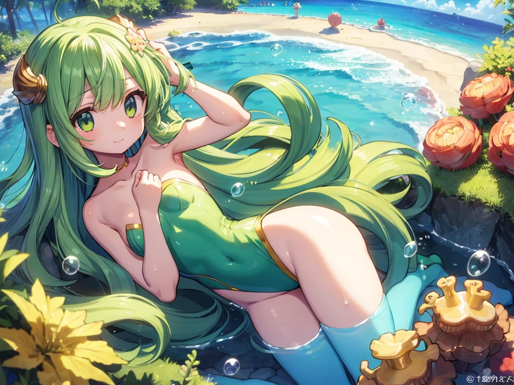 Green long hair anime girl holding a seashell, In the water, Coral, bubble, Happy, clear shot