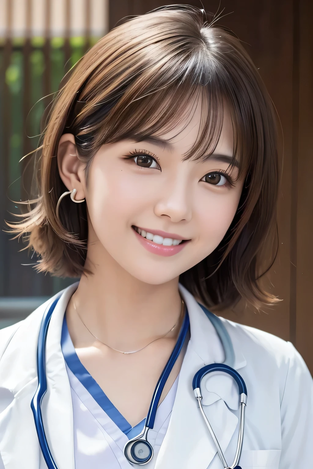 young woman、 Japanese women、Light brown hair、Necklace around the neck、White、Doctor's attire、Stethoscope、、smile、Emphasis on teeth、short hair、Wavy Hair、Intricate details, Very detailed:1.2), 、 Looking into the camera,The background is the operating room...、ear piercing
