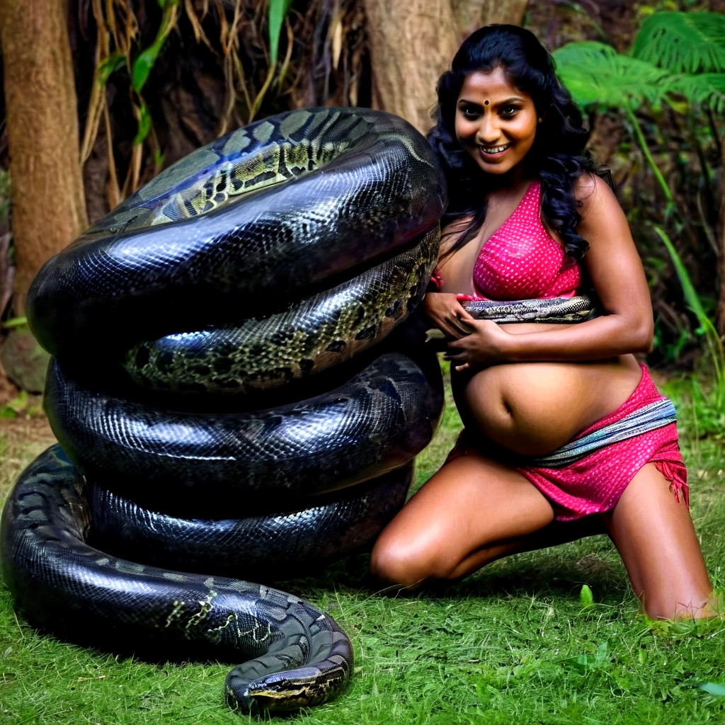 Pregnant Happy Horny, aroused 1girl), beautiful kneeling Indian young girl with giant colossal black titanboa squeezing her hard, wrapped in thick spiraling coils, constricted, struggle, gasping for air, snake attack, snake peril, moonless night, dim light