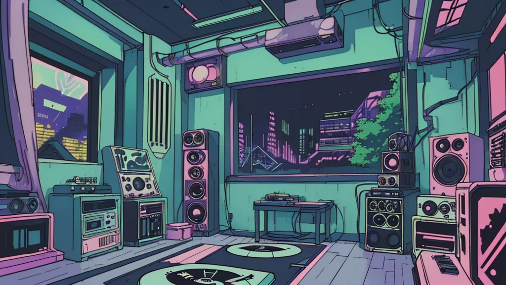 , font is large (why you), Super detailed, Retro Wave, cyber punk, Sad mood, night light through the window, night vibes, room, 2D, (Long Shot), Wide Shot, (film noise), Old cartoons, (Lots of records:1.3), (masterpiece, Highest quality, Highest quality, Official Art, beautifully、aesthetic: 1.2), (Very detailed, (Fractal Art: 1.4), guitar, (Note: 1.4), ( Lo-fi hip hop), Indoor scenery by the window, Old Anime Texture, alone, speaker, cyber punk, vinyl, night、jazz