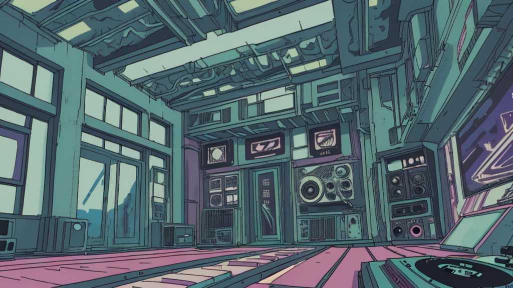 , font is large (why you), Super detailed, Retro Wave, cyber punk, Sad mood, night light through the window, night vibes, room, 2D, (Long Shot), Wide Shot, (film noise), Old cartoons, (Lots of records:1.3), (masterpiece, Highest quality, Highest quality, Official Art, beautifully、aesthetic: 1.2), (Very detailed, (Fractal Art: 1.4), guitar, (Note: 1.4), ( Lo-fi hip hop), Indoor scenery by the window, Old Anime Texture, alone, speaker, cyber punk, vinyl, night、jazz
