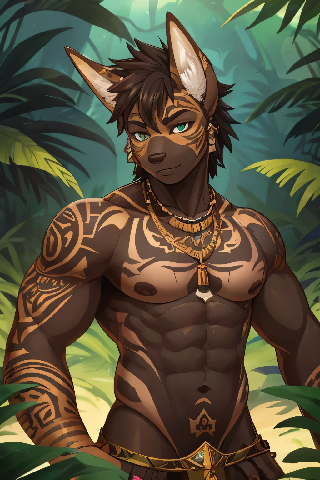 Muscles, golden jackal, male, femboy, pretty face, African, dark_skin, brown body, smooth, shiny body, many tattoos, white tattoos covering entire torso, tribal, zulu, jungle, messy hair, anthro, posted on e621, negro