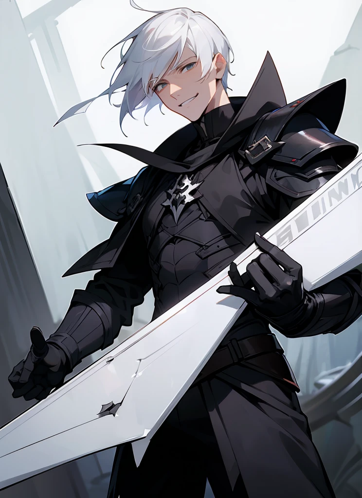 1 , handsome fashion hair,black hair highlight white hair, fanstasy, smile face, male ,fantasy, reaper, hunter with blackshortsword, villian face, short hair black armor , darkness wolrd,
