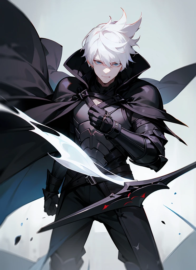 1 , handsome fashion hair,black hair highlight white hair, fanstasy, smile face, male ,fantasy, reaper, hunter with blackshortsword, villian face, short hair black armor , darkness wolrd, 