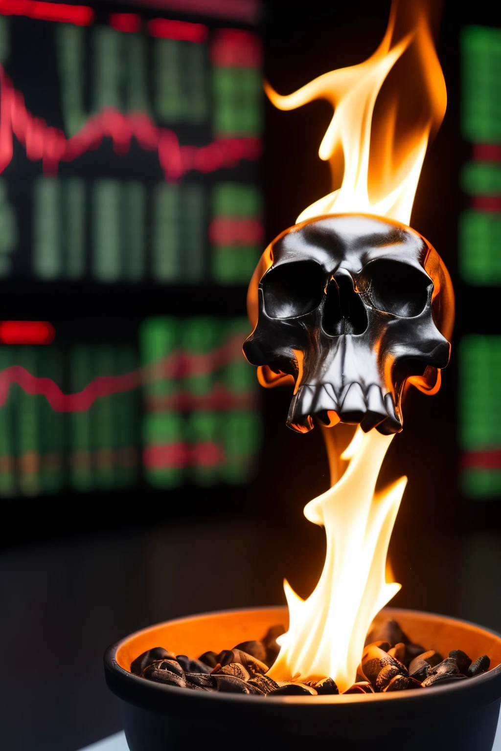 I want an image of the financial market with a skull on fire