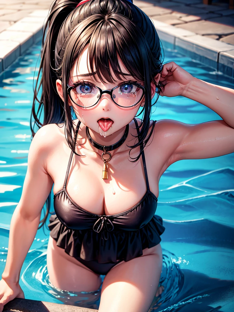 Highest quality,High resolution,1People Girl,beautiful girl,whole body,look up,looking at the camera,Big eyes,Glasses,Crying face,Tears,Stringy saliva,Open your mouth wide,Sticking out tongue,Flush saliva,Overflowing with saliva,ponytail,Black Hair,Big rainbow eyes,Pool,Swimwear,A whistle hanging from his neck,