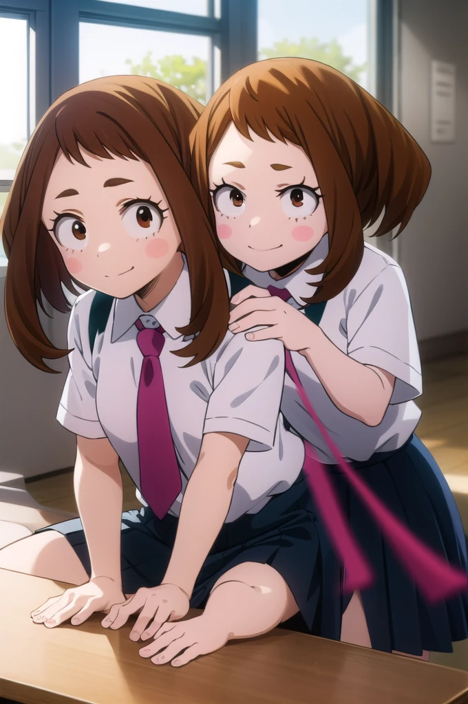 ochakouraraka, ochako uraraka, (uraraka ochako:1.5), (brown eyes:1.5), brown hair, short hair, blush, blush stickers, smile,
BREAK skirt, shirt, school uniform, white shirt, short sleeves, pleated skirt, necktie, collared shirt, red necktie, u.a. school uniform,
BREAK indoors, classroom,
BREAK looking at viewer,
BREAK (masterpiece:1.2), best quality, high resolution, unity 8k wallpaper, (illustration:0.8), (beautiful detailed eyes:1.6), extremely detailed face, perfect lighting, extremely detailed CG, (perfect hands, perfect anatomy),