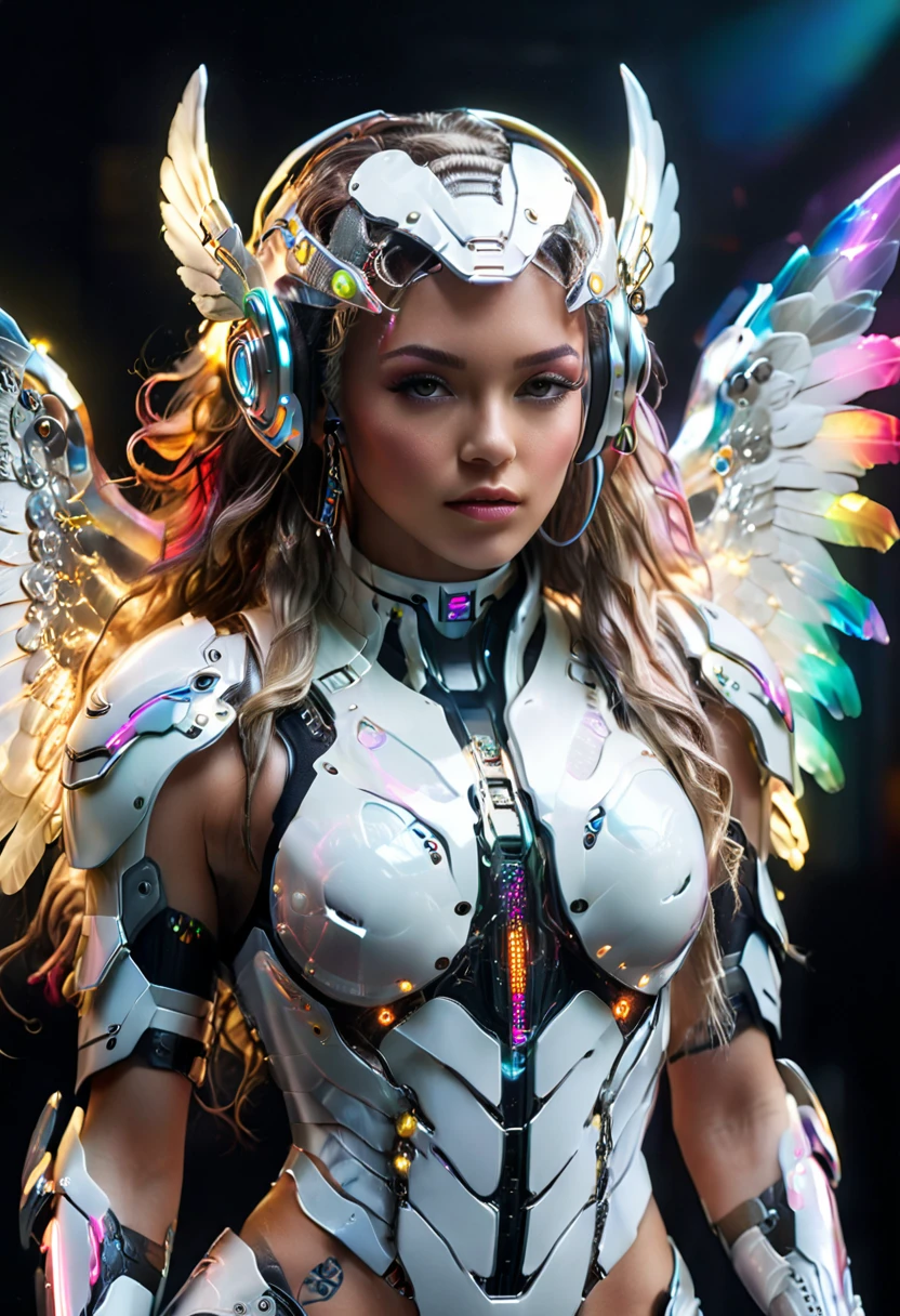 cyborg fighter, large wings, white cyberpunk armor, acrylic clear cover, long rainbow wavy hair, glowing skin, cyberpunk style, futuristic headgear, intricate details, hyper realistic, cinematic lighting, dramatic pose, volumetric lighting, photorealistic, 8k, ultra detailed, her entire body is shown, (full body:1.5), perfect faces