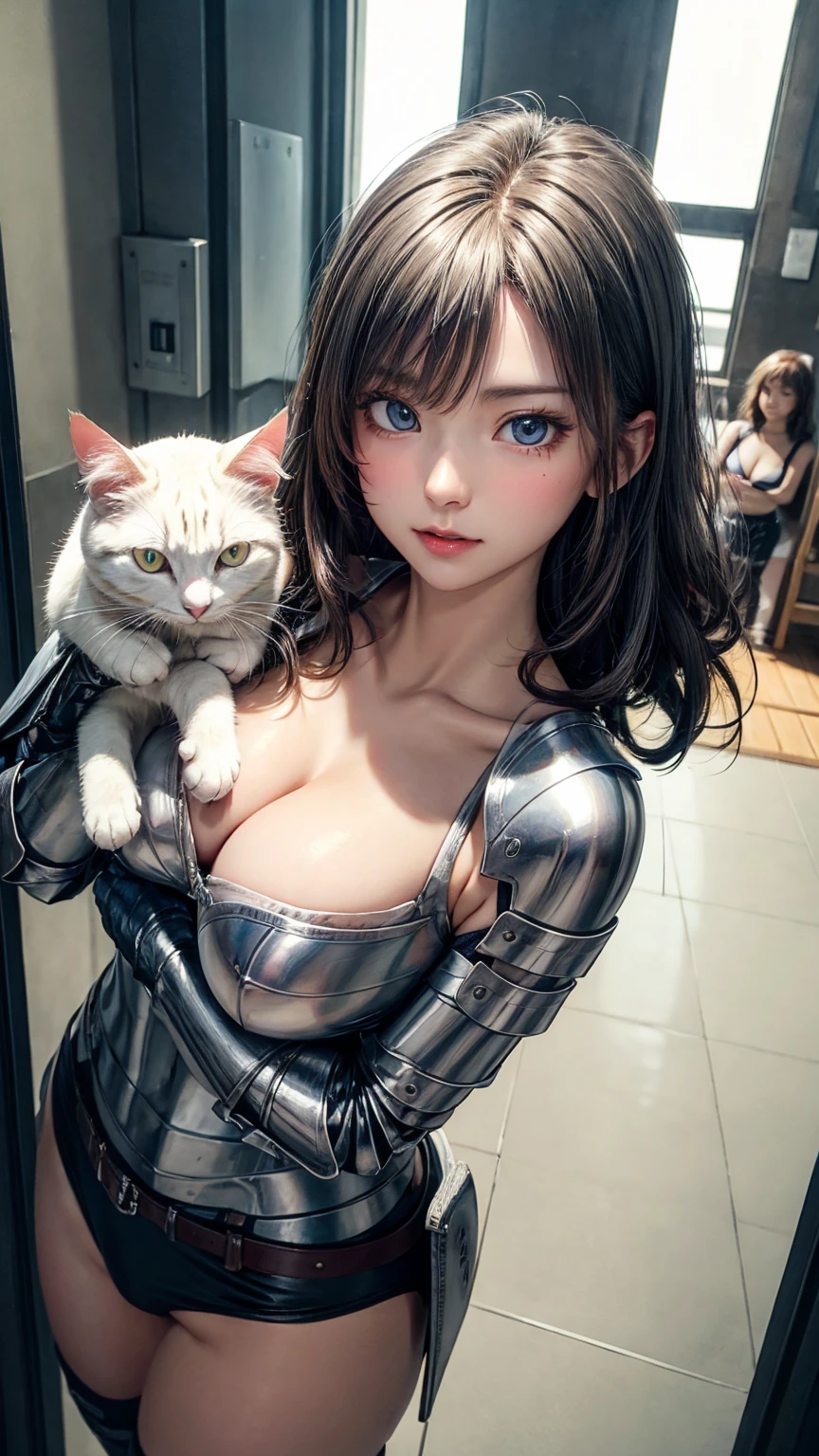 8K quality、High resolution、female knight、Realistic skin texture、、High resolutionの肌、Silver Hair、Short hair with curls、thin、Small and young breasts、Beautiful cleavage、blue eyes、thin脚、Mole on mouth、、Full Body Shot、White leather armor、Light clothing、Bow and Arrow、open legs、Holding a cat