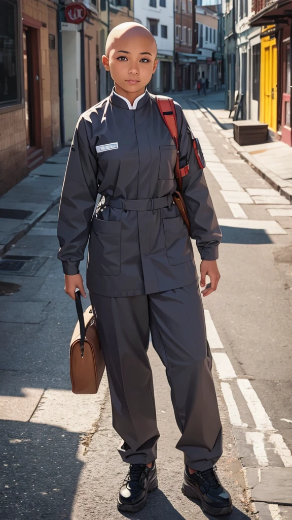 High-detail images woman Monk Skinhead Wearing a grey work uniform