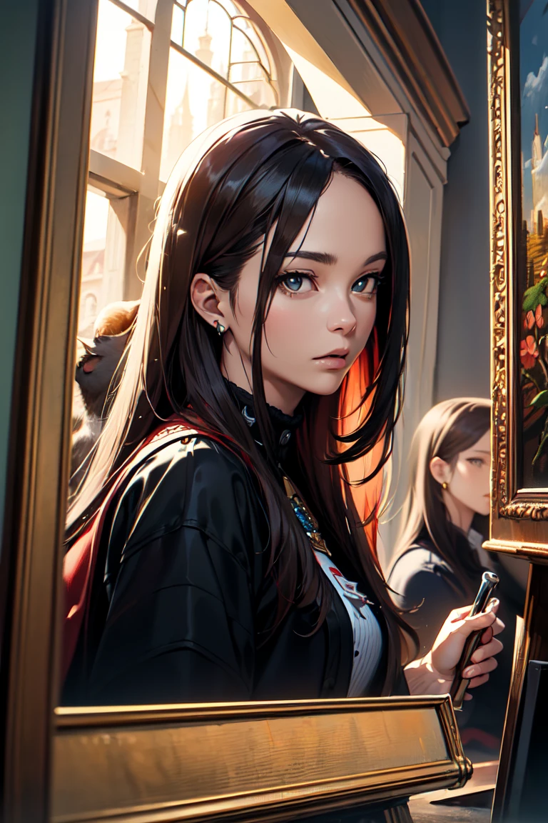(Best Quality, 8k, Oil painting, Mastepiece:1.2), Super detailed, (Realism, It&#39;s photorealistic:1.37), (((Bust Shot)))、((Cat ears, Sleeveless,Wearing a wine red baseball cap and uniform、Red jacket:1.4)), Blonde Hair, Short ponytail, (Blonde Hair, Short Hair, Bangs), Pale blue eyes,Closed Mouth、Hoop Earrings, Jewelry,、(((Upper Body Shot)))、