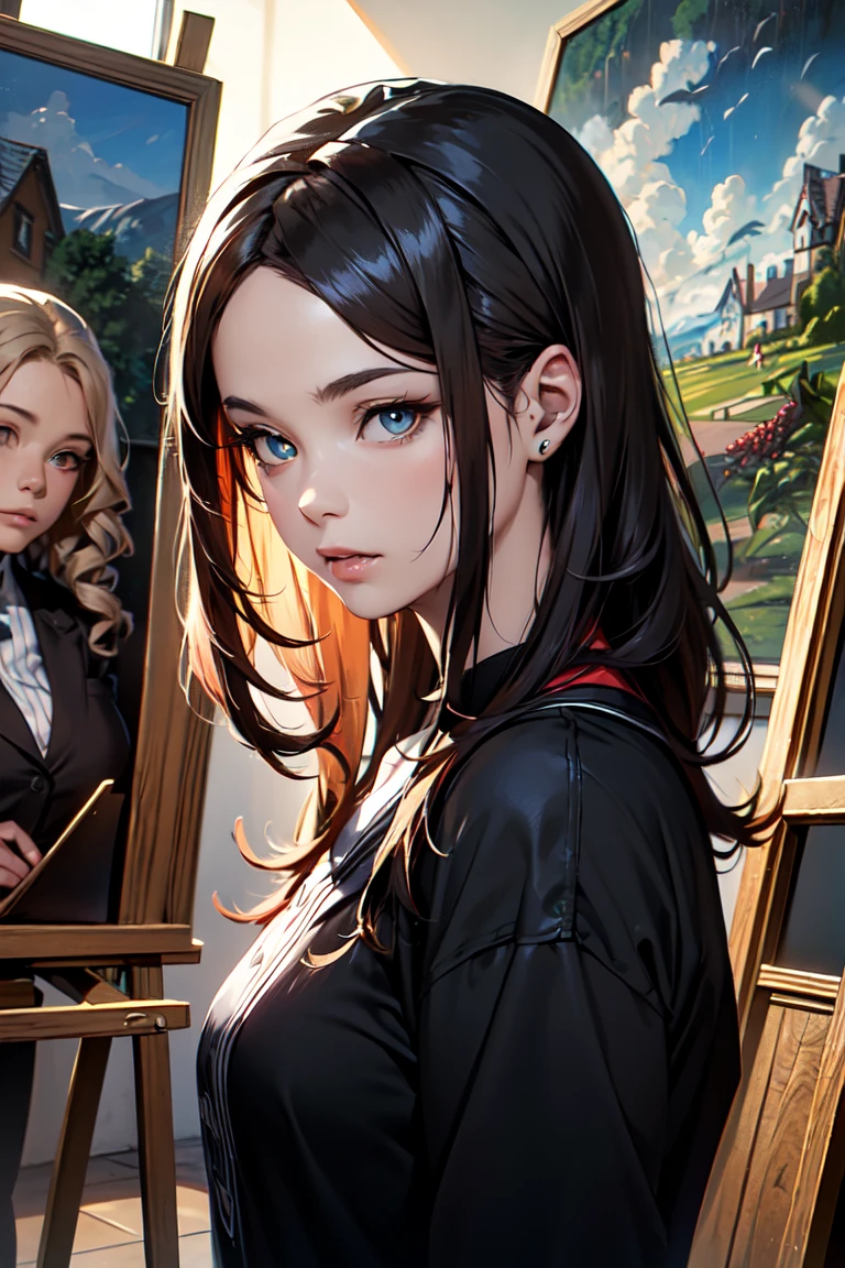 (Best Quality, 8k, Oil painting, Mastepiece:1.2), Super detailed, (Realism, It&#39;s photorealistic:1.37), (((Bust Shot)))、((Cat ears, Sleeveless,Wearing a wine red baseball cap and uniform、Red jacket:1.4)), Blonde Hair, Short ponytail, (Blonde Hair, Short Hair, Bangs), Pale blue eyes,Closed Mouth、Hoop Earrings, Jewelry,、(((Upper Body Shot)))、