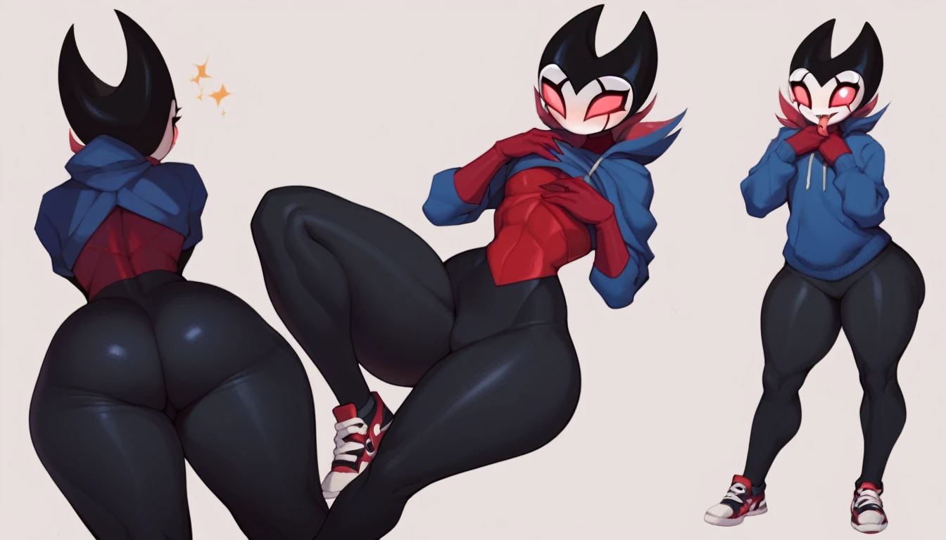 score_9, score_8_up, score_7_up, score_6_up, zPDXL2, grimm \(hollow knight\), vampire, bat, 1boy, solo, cute face, detailed eyes, portrait, thick thighs, anthro, thick ass, pov, tight black sports pants, cinematic angle, blue large hoodie, seductive pose, red sports gloves, pov, sneakers, exercising, background, seductive look, shy expression, hands on chest, excited, cinematic angle, (dynamic poses), highlight buttocks, highlight thighs, tongue out