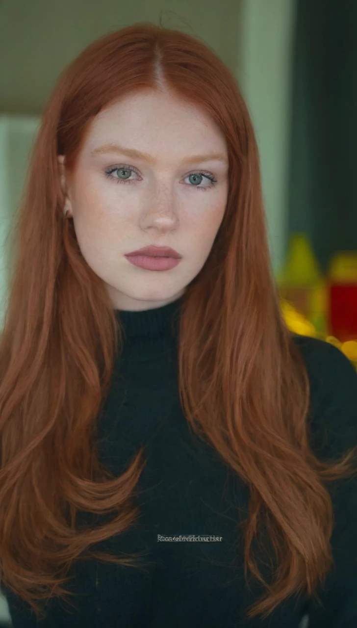 raw photo, (18yo redhead girl:1.2), makeup, graphic eyeliner, rouge, (choker:0.9), realistic skin texture, oversize knit sweater, (red:0.8), softcore, warm lighting, cosy atmosphere, instagram style