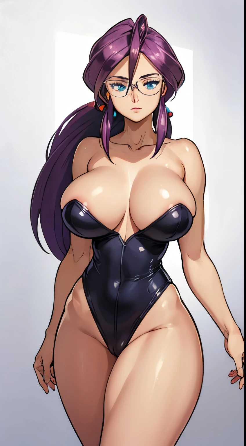 animeLorelei, purple hair, blue eyes, hair between eyes, glasses, fully naked, exposed breasts, exposed genitalia, high detailed, masterpiece, as cartoon character, perfect hands, round breasts, wide hips, thick thighs, ultra realistic digital art, clean scene, white background,