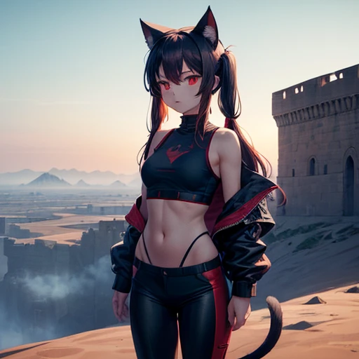 masterpiece, figure, ((Standing in the distant desert、Babel, a huge military fortress made of carved stone)), (Tower of Babel), Pale blue sky, sunlight, fog, Shadow, Dark grass with stones, Uninhabitable, Barren Land, nature, (Mountain々), Unsaturated, (A young girl in a dark blue coat standing in the distance and walking towards a castle), Medium length red hair, Moscow, soviet union, (Flying over the fortress、A dark dragon with glowing red eyes) Dark blue hair girl, Cat ears and tail, Wearing a tank top and racing pants. body type Twin tails Female genitalia is visible Detailed depiction of female genitalia Flat Chest Stern expression With legs apart