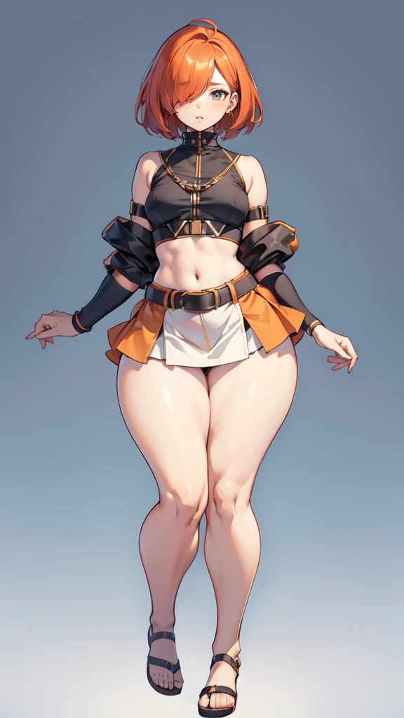 blank background, (((full body))), (masterpiece), ((best quality)), (very short girl), ((flat chest)), hair over one eye, (wide hips:1.4), (thick thighs:1.5), (very short skirt), sandals, belt below navel, fanny packs, ginger hair