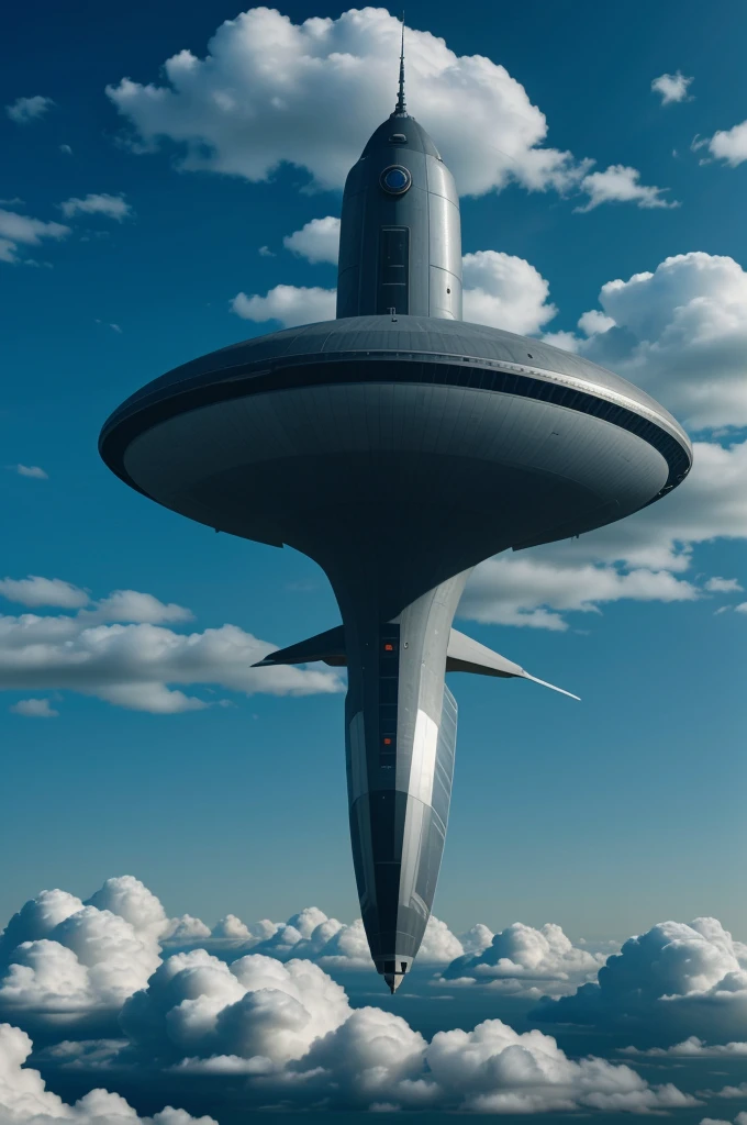 Create a futuristic airship inspired by the Avengers movie warship, flying high above the clouds with sleek, advanced technology, large propellers, and a majestic, imposing design, masterpiece , complete image of warship