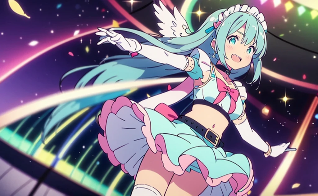 MLTD bg style, (best quality, 8K, masterpiece, HDR, ultra detailed:1.2), cinematic angle, (light particles, sparkle), lens flare, depth of field, bokeh,
1girl, white gloves, open mouth, microphone, short puffy sleeves, glowstick, smile, petals, maid headdress, frills, blush, solo, stage, white thighhighs, belt, hair bow, hair ribbon, medium breasts, idol, upper teeth only, looking away, aqua bow, frilled skirt, hair ornament, frilled dress, audience, solo focus, concert, zettai ryouiki, spotlight, stage lights, shiny hair, looking afar, buckle, belt buckle, elbow gloves, wing collar, jewelry, petticoat, navel,