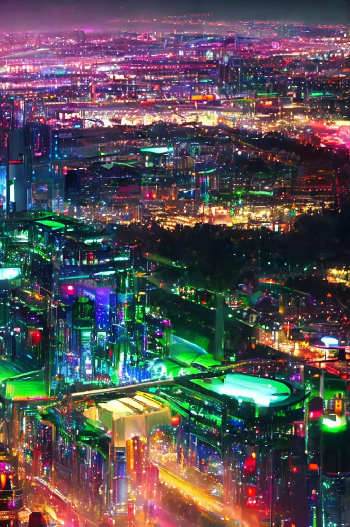 anime, anime style, Ghibli-like colours, motion blur, cinematic lighting, chromatic aberration, reflection light, UHD, super detail, high quality, highres, nightcity at night, lot of people, clubs view from the top