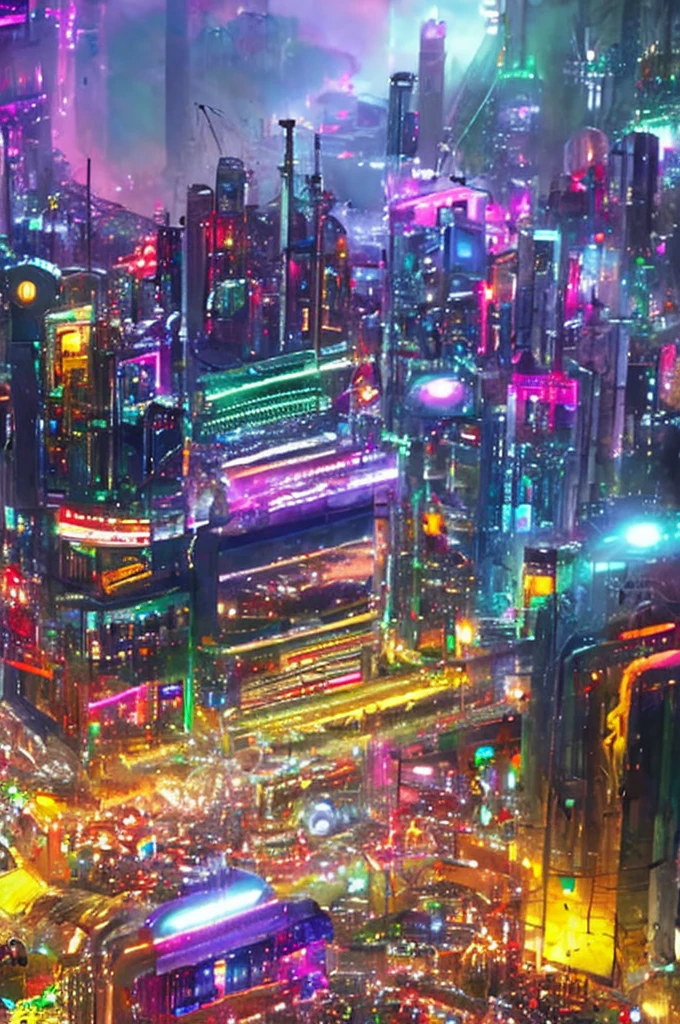 anime, anime style, Ghibli-like colours, motion blur, cinematic lighting, chromatic aberration, reflection light, UHD, super detail, high quality, highres, nightcity at night, lot of people, clubs view from the top