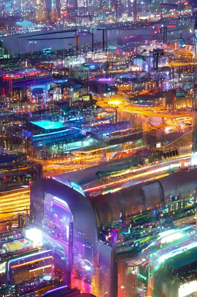 anime, anime style, Ghibli-like colours, motion blur, cinematic lighting, chromatic aberration, reflection light, UHD, super detail, high quality, highres, nightcity at night, lot of people, clubs view from the top