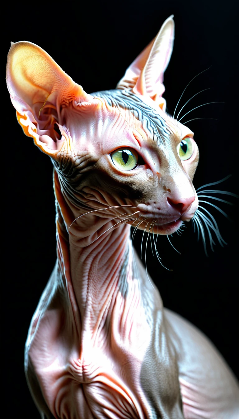 There is no one, realistic photo, realism, peterbald (Peterbald) cat, perfect composition, intricate details, Very sharp, masterpiece, profile, high resolution