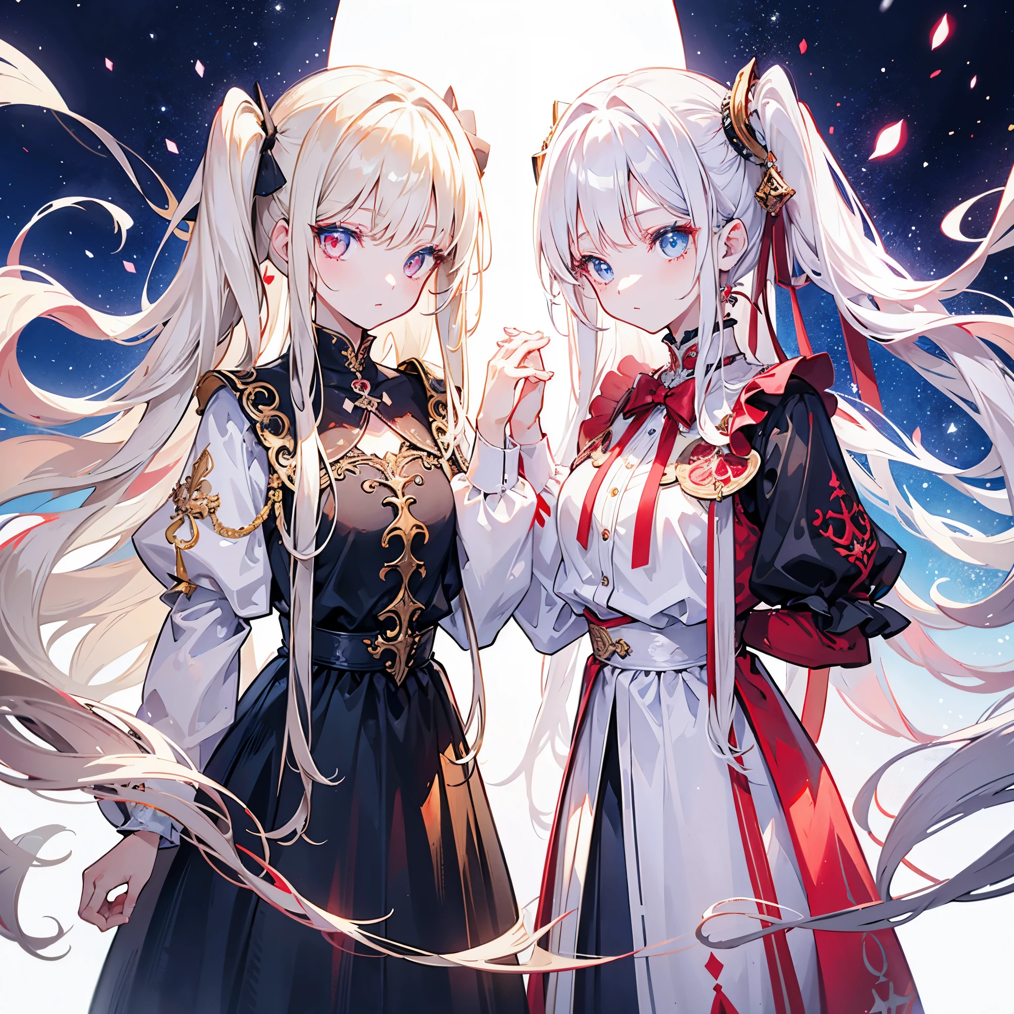 Two girls, one with beige hair and very red eyes, the other with white hair and blue eyes, twin tails, long hair, white background, colorful jewels, light, high quality, high five