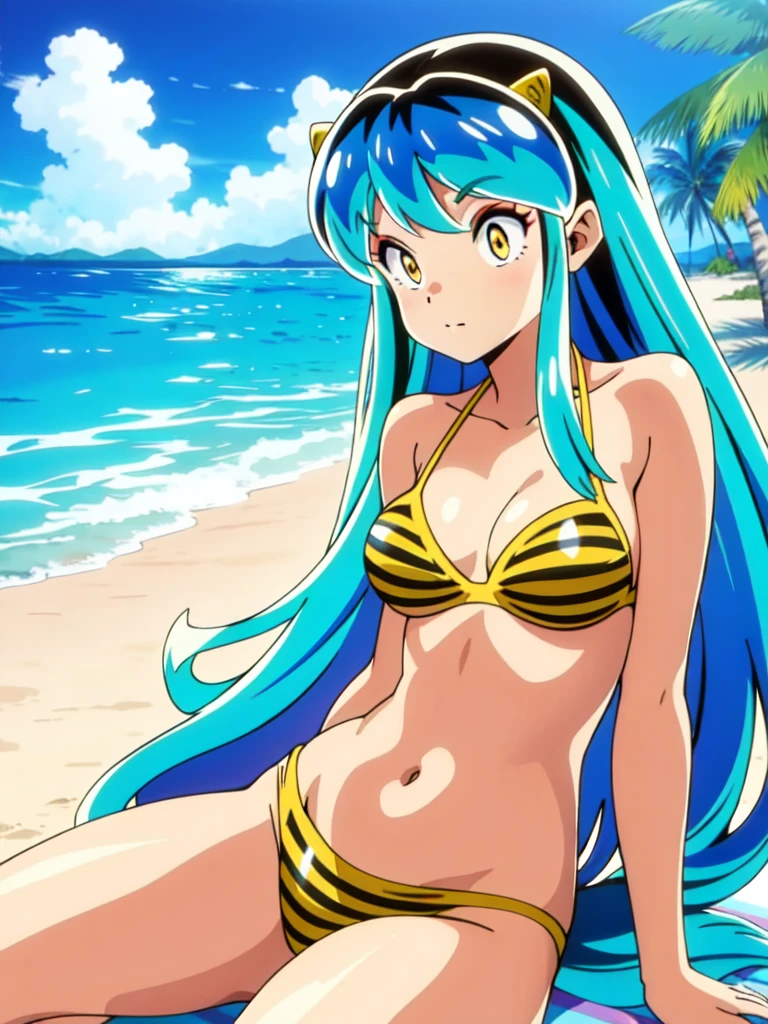 lum, bikini,(behind, lean forward, on the beach)