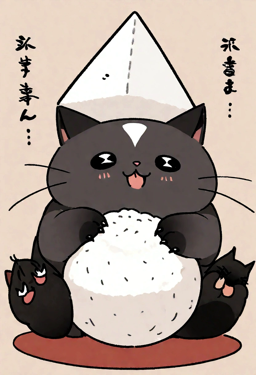 Highest quality, masterpiece, Ultra-high resolution, Very cute cat,Holding rice ball with front paws, Biting into rice ball,Triangular rice balls,Handwritten style,White Cat,Faceless rice ball