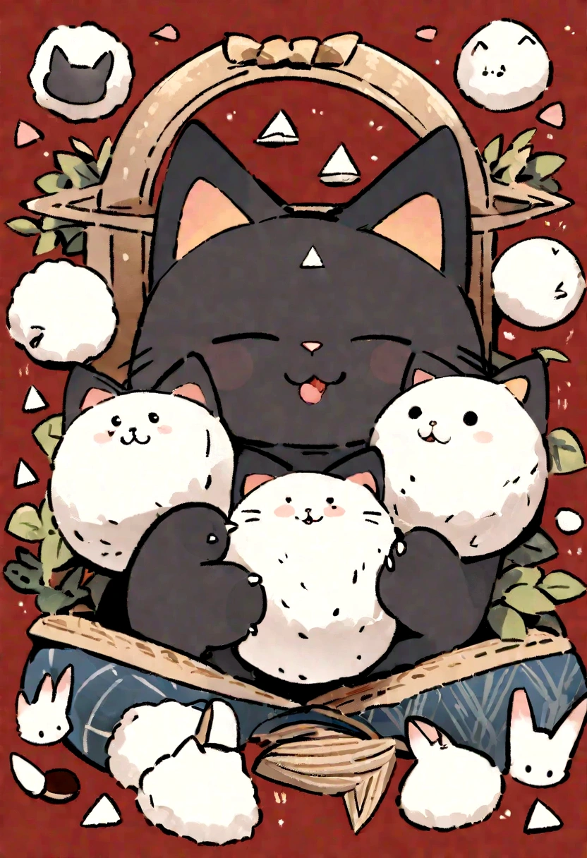 Highest quality, masterpiece, Ultra-high resolution, Very cute cat,Holding rice ball with front paws, Biting into rice ball,Triangular rice balls,Handwritten style,White Cat,Faceless rice ball