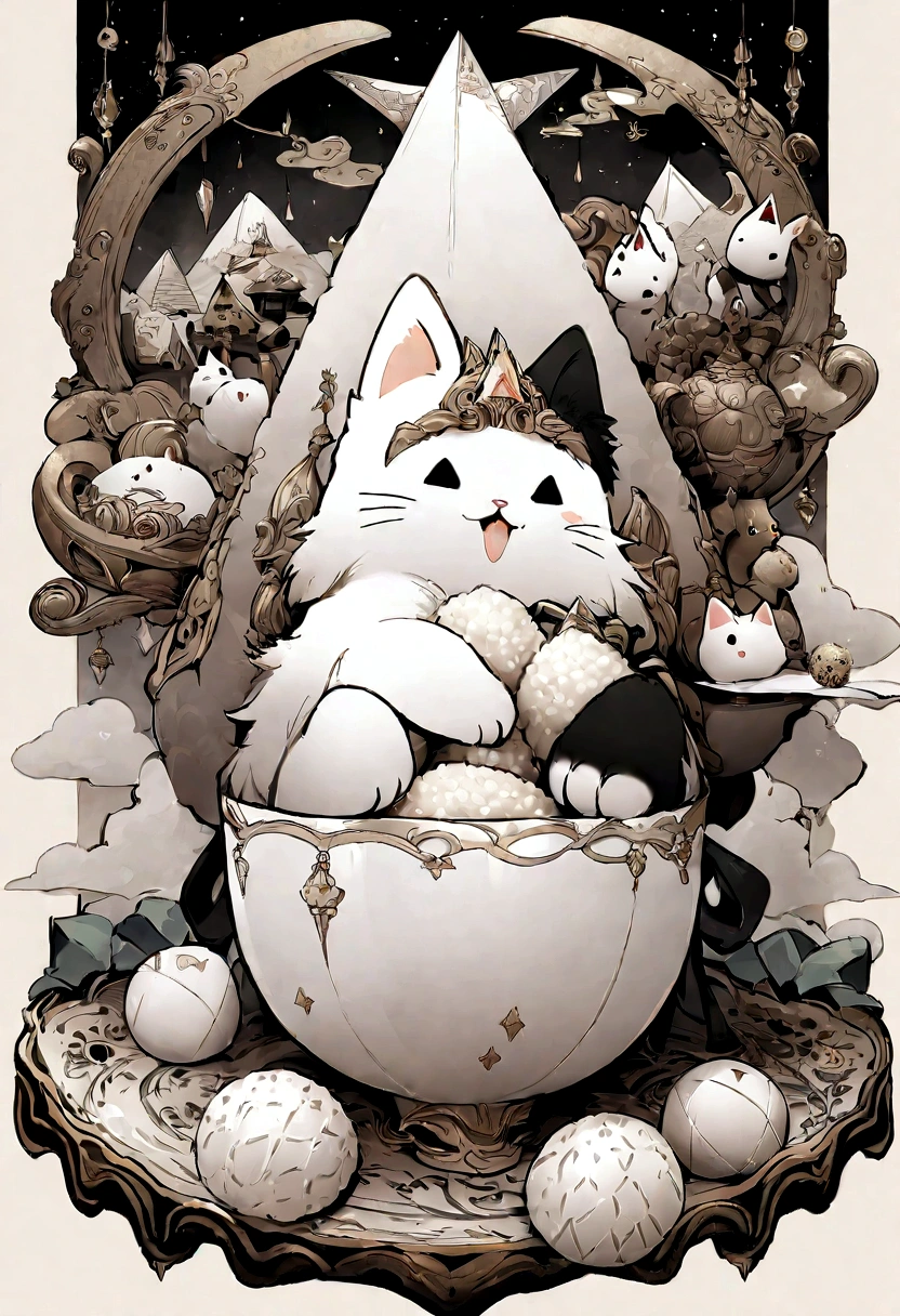 Highest quality， masterpiece， Ultra-high resolution， Very cute cat,Holding rice ball with front paws, Biting into rice ball,Triangular rice balls,Handwritten style,White Cat,Faceless rice ball